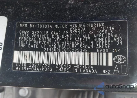 2015 Toyota Corolla Le Premium из США, поврежденный, VIN 2T1BURHE8FC285398